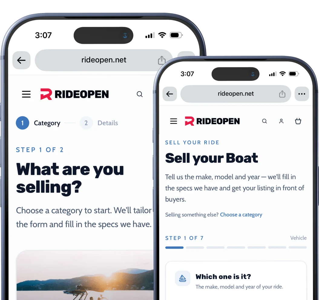 The RideOpen sell flow on a phone, filling in the make, model and year of a boat
