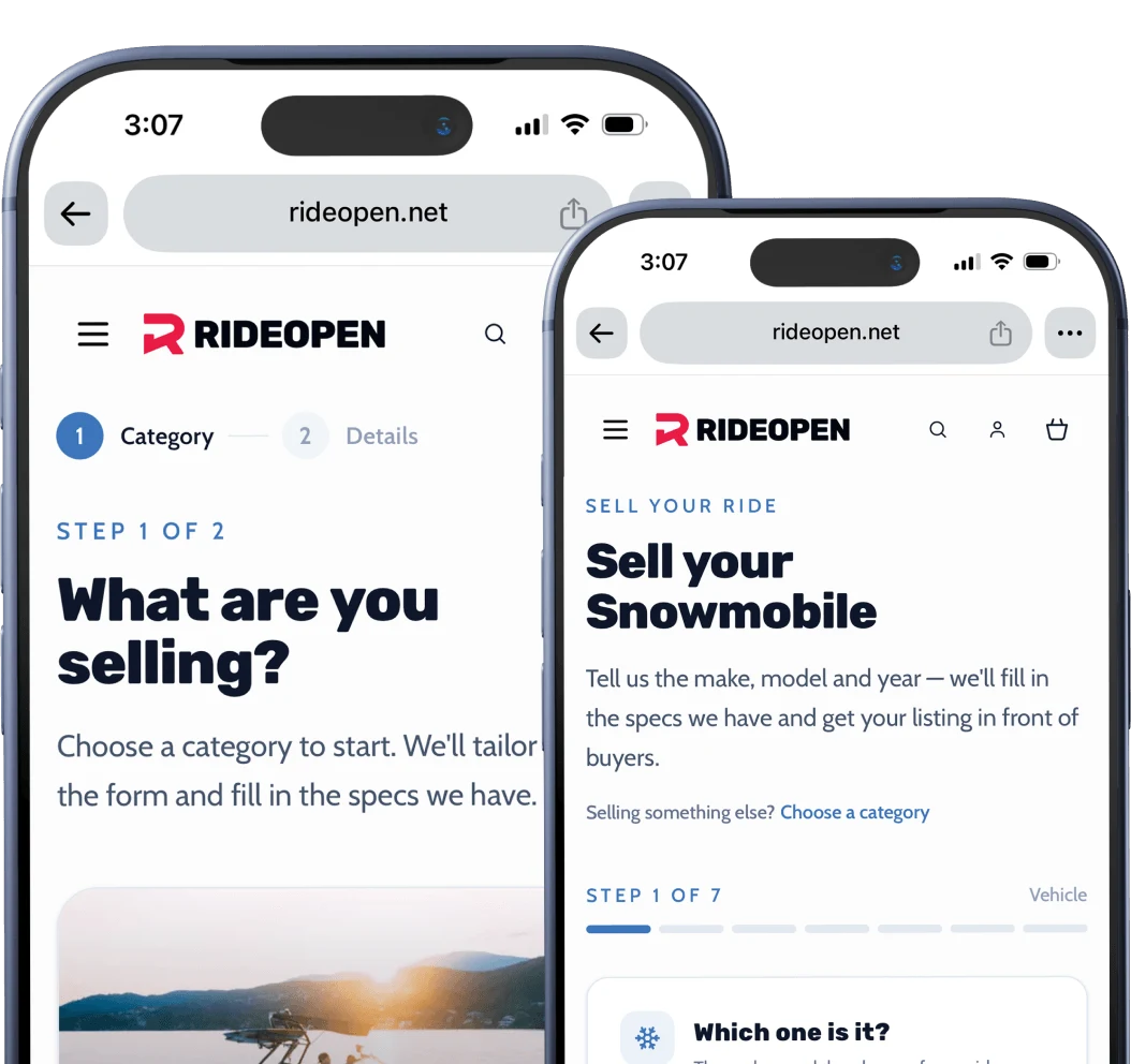 The RideOpen sell flow on a phone, filling in the make, model and year of a snowmobile
